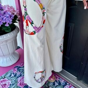 POL Cream Wide Leg Pants with Bohemian Embroidery